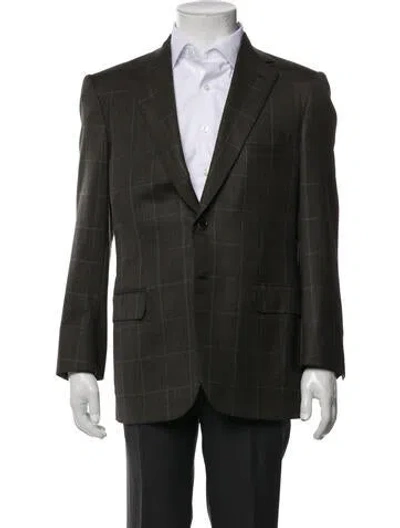 Pre-owned Brioni Wool Plaid Print Blazer In Brown