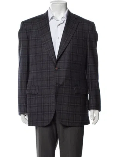 Pre-owned Brioni Wool Plaid Print Jacket In Blue