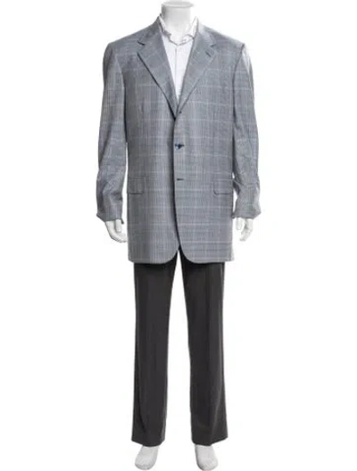 Pre-owned Brioni Wool Plaid Print Jacket In Blue