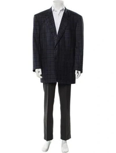 Pre-owned Brioni Wool Plaid Print Overcoat In Blue