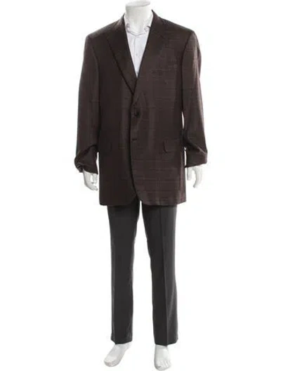 Pre-owned Brioni Wool Plaid Print Overcoat In Brown