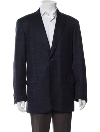 Pre-owned Brioni Wool Plaid Print Peacoat In Blue