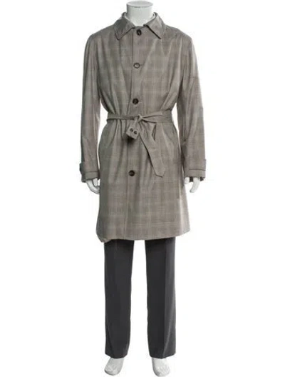 Pre-owned Brioni Wool Plaid Print Trench Coat In Gray