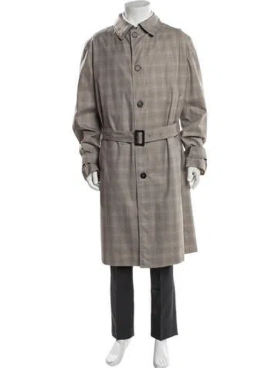 Pre-owned Brioni Wool Plaid Print Trench Coat In Grey