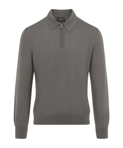 Brioni Wool Polo Knit Long Sleeve Sweater In Gray
