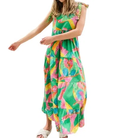 Briton Court Annie Embroidered Tie Shoulder Maxi Dress In Tropical Bird In Multi
