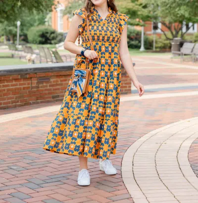 Briton Court Lily Game Day Dress In Orange + Navy In Multi
