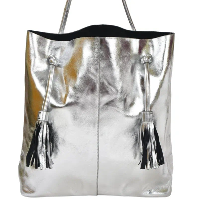 Brix + Bailey Silver Drawcord Metallic Leather Hobo Shoulder Bag