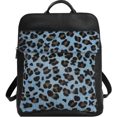 Brix + Bailey Women's Black / Blue Blue Leopard Print Leather Flap Pocket Backpack