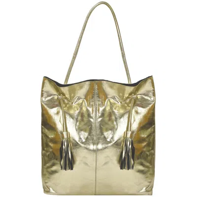 Brix + Bailey Women's Gold Drawcord Metallic Leather Hobo Shoulder Bag
