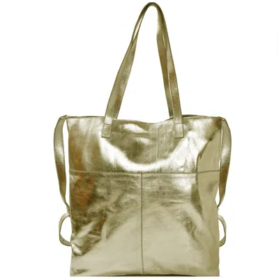 Brix + Bailey Gold Metallic Drawcord Premium Leather Hobo Tote Shoulder Bag