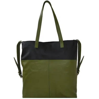 Brix + Bailey Olive And Black Two Tone Premium Leather Tote Shopper Bag In Green/black