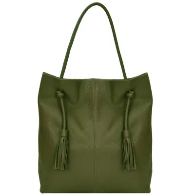 Brix + Bailey Olive Green Drawcord Premium Leather Hobo Tote Shoulder Bag