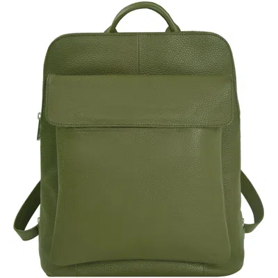 Brix + Bailey Olive Green Premium Leather Unisex Flap Pocket Backpack