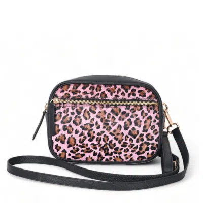 Brix + Bailey Pink Leopard Print Convertible Leather Cross Body Camera Bag In Pink/purple