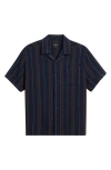 Brixton Bunker Waffle Stripe Short Sleeve Camp Collar Shirt In Washed Navy Stripe