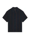 Brixton Bunker Waffle Stripe Short Sleeve Camp Collar Shirt In Washed Navy Stripe