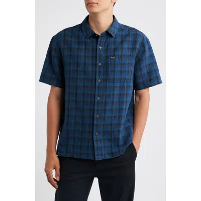 Brixton Cru Plaid Linen Blend Short Sleeve Shirt In Blue