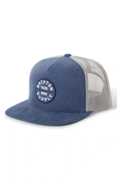 Brixton Oath Logo Patch Snapback Trucker Hat In Blue