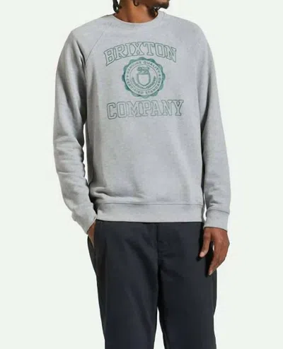 Brixton University Broken In Crew Top In Heather Grey/pine Needle In Silver