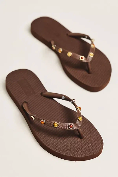 Brizza Arezzo Embellished Thong Sandals In Brown