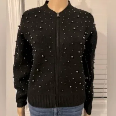 Broadway 38 Women's Pearl Beaded Knit Bomber Sweater In Black