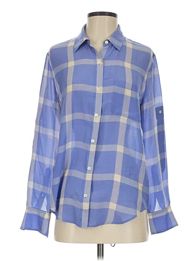 Pre-owned Broadway & Broome Long Sleeve Silk Top Blue Plaid Pattern Square Neckline Tops