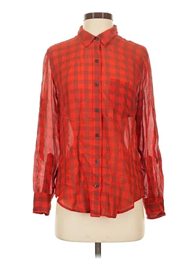 Pre-owned Broadway & Broome Long Sleeve Silk Top Red Checkered/gingham Pattern Square Neckline Tops