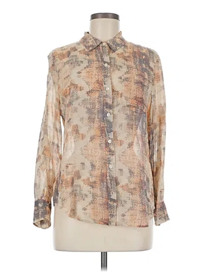 Pre-owned Broadway & Broome Long Sleeve Silk Top Tan Print Pattern Collared Neckline Tops In Brown