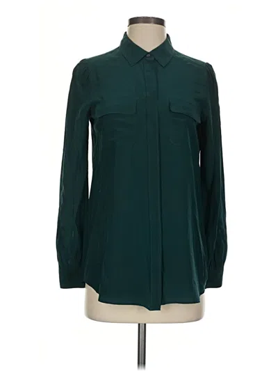 Pre-owned Broadway & Broome Long Sleeve Silk Top Teal Collared Neckline Tops