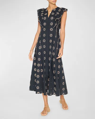 Brochu Walker Aurora Eyelet-embroidered Cotton Midi Dress In Black/beige