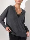 Brochu Walker The Lace Vee Looker Pullover In Dark Charcoal Melange With Black Lace