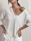 Brochu Walker The Lace Vee Looker Pullover In Ivory With White Lace