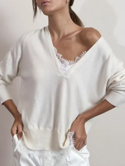 Brochu Walker The Lace Vee Looker Pullover In Ivory With White Lace