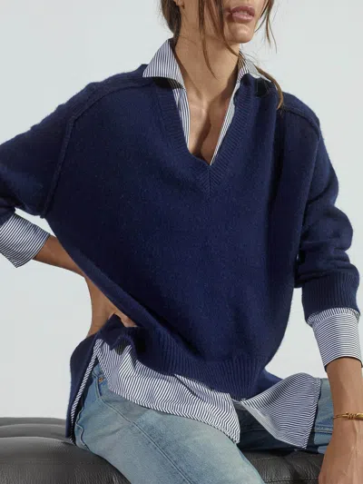 Brochu Walker The Looker Layered V-neck In Navy With Stripe Woven Underlayer