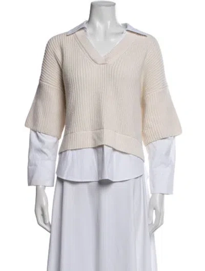 Pre-owned Brochu Walker Wool V-neck Sweater In White