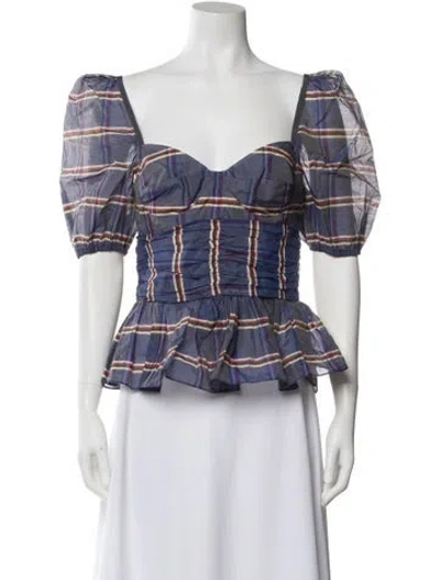 Pre-owned Brock Collection Plaid Print Square Neckline Crop Top W/ Tags In Blue