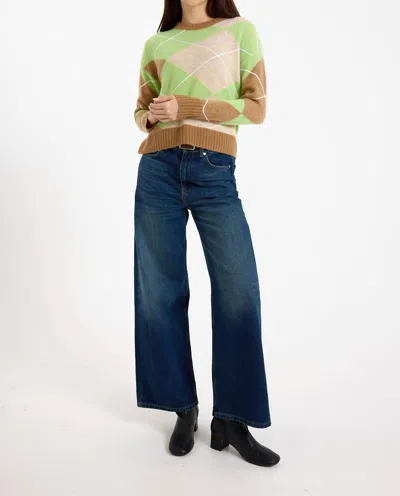 Brodie Cashmere Argyle Crewneck Sweater In Chestnut/electric Lime In Multi