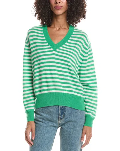 Brodie Cashmere Beach Stripe V-neck Cashmere Sweater In Green