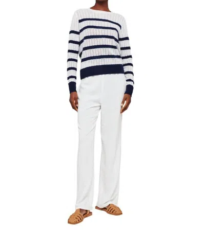 Brodie Cashmere Breton Stitch Crew Organic Sweater In White Navy