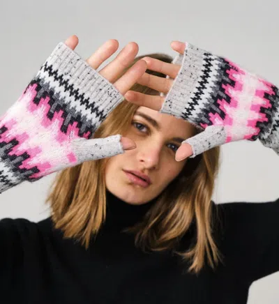Brodie Cashmere Electric Fairisle Wrist Warmers In Charcoal/ Neon Pink In Multi
