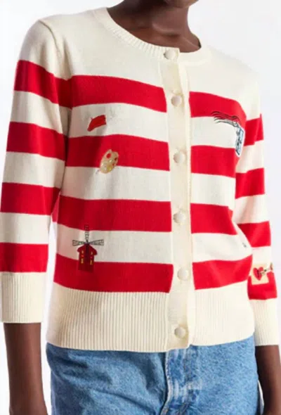 Brodie Cashmere French Embroidery Crew Cardigan In Red Stripe In Multi