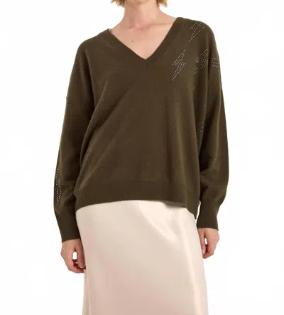 Brodie Cashmere Hazel Hot Fix Bolt V Neck Sweater In Khaki In Brown