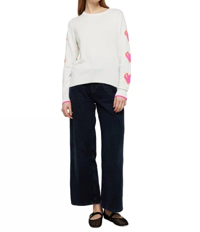 Brodie Cashmere Heart Sleeve Crew Top In Ice Water/neon Pink In Multi