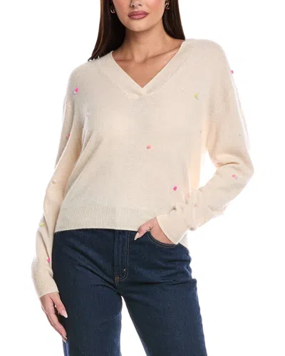 Brodie Cashmere Little Pom Millie V-neck Cashmere Sweater In White