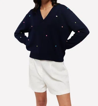 Brodie Cashmere Little Pom Millie V-neck Jumper In Navy In Blue