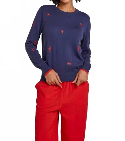 Brodie Cashmere Lobster Embroidered Crew Sweater In Navy In Blue