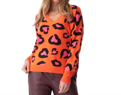 Brodie Cashmere Lucy Leopard Crew Sweater In Neon Orange/neon Pink In Multi