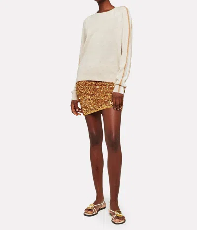 Brodie Cashmere Mesh Stripe Sleeve Crew Top In Beige