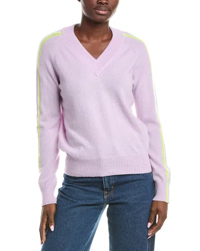 Brodie Cashmere Mesh Stripe Sleeve V-neck Cashmere Sweater In Pink